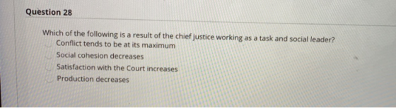 Question 28 Which of the following is a result of the chief justice working as a task and social leader? Conflict tends to be