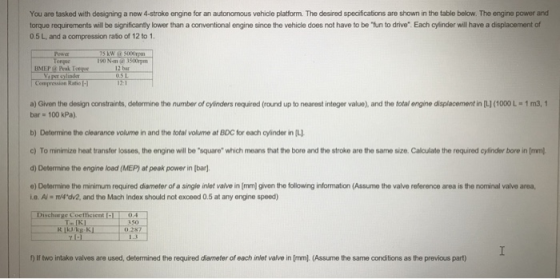 You are tasked with designing a new 4-stroke engine for an autonomous vehicle platform. The desired specifications are shown
