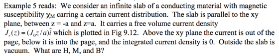 Example 5 reads: We consider an infinite slab of a conducting material with magnetic susceptibility xM carring a certain curr
