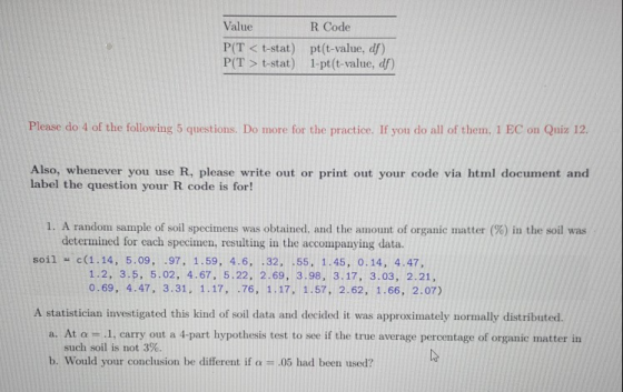 R Code Value P(T < t-stat) pt(t-value, df) P(T > t-stat) 1-pt (t-value, df) Please do 4 of the following 5 questions. Do more