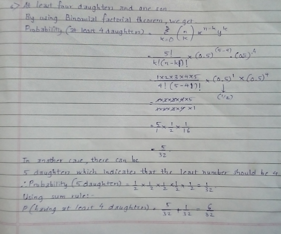 Atleat fau daughten and 0ne san By using Binamial factoial th.corem we gct Pababiliy Cat leart 4daughtn) (5-4 5! k!(n-k)! Cas
