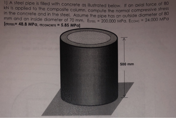 1) A steel pipe is filled with concrete as ilustrated below. If an axial force of kN is applied to the composite column, comp