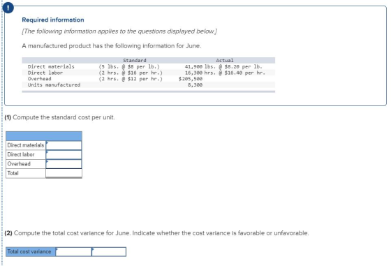 Required information [The following information applies to the questions displayed below.] A manufactured product has the fol