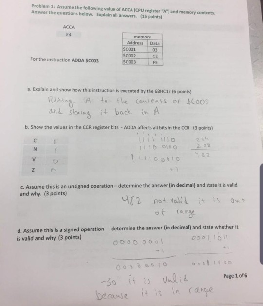 Problem 1: Assume the following value of ACCA (CPU register A) and memory contents Answer the questions below. Explain all