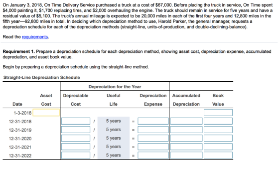On January 3, 2018, On Time Delivery Service purchased a truck at a cost of $67,000. Before placing the truck in service, On