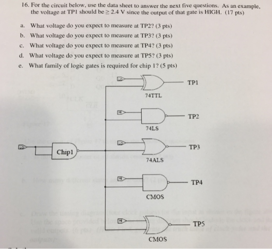 16. For the circuit below, use the data sheet to answer the next five questions. As an example, the voltage at TP1 should be
