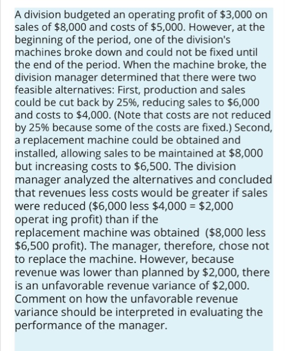 A division budgeted an operating profit of $3,000 on sales of $8,000 and costs of $5,000. However, at the beginning of the pe