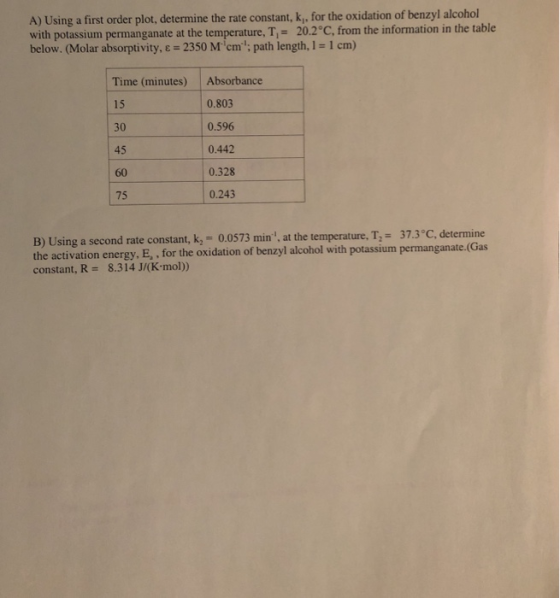 A) Using a first order plot, determine the rate constant, k, for the oxidation of benzyl alcohol below. (Molar absorptivity,
