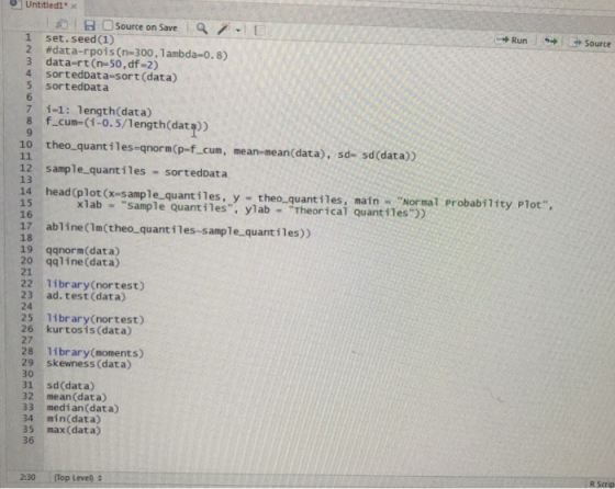 Untitledl x 71尤1日□Source on Save a 7. 1 set.seed (1) RunSource #data-rpoi s (n-300, 1 ambda-0.8) 3 data-rt (n-50,df-2) 4 sort
