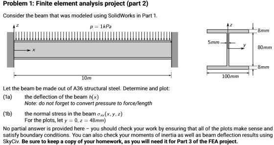 Problem 1: Finite element analysis project (part 2) Consider the beam that was modeled using SolidWorks in Part 1 5mm- 80mm 1