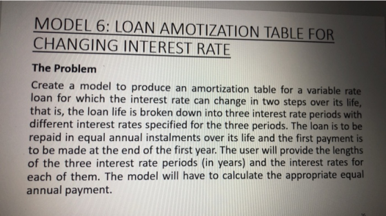 MODEL 6:LOAN AMOTIZATION TABLE FOR CHANGING INTEREST RATE The Problem Create a model to produce an amortization table for a v