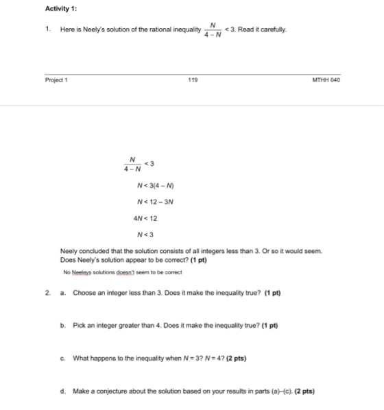 Activity 1: 1. Here is Neelýs solution of the rational nequaty3. Read it carefully. 4-N Project 1 119 MTHH 040 4-N T N<3(4-N