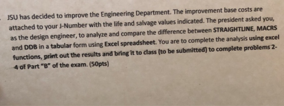 JSU has decided to improve the Engineering Department. The improvement base costs are attached to your J-Number with the life