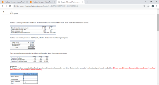 e D chapter 4 Graded Assignment + Harbour Company Makes TON Harbour Company Makes TwoM X x → C ⓘ Not secure | ezto.mheducatio