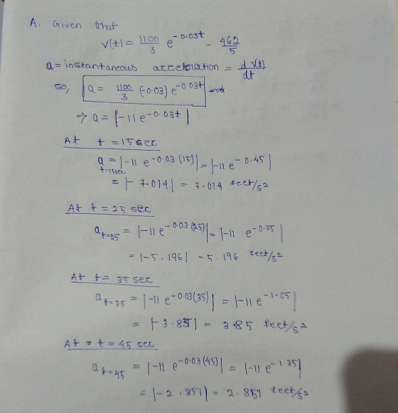 A. Given that -O.034 4G2 V(t1 1100 5 d t) instantaneous arceleation 1100 fo03) e 700111e-0 -0. 031 At 15Sec O03 q = t-15ser -
