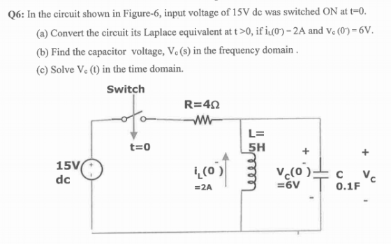 6: In the circuit shown in Figure-6, input voltage of 15V de was switched ON at t-o. (a) Convert the circuit its Laplace equi