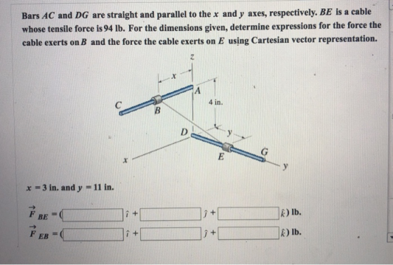 Bars AC and DG are straight and parallel to the x and y axes, respectively. BE is a cable whose tensile force is 94 lb. For t