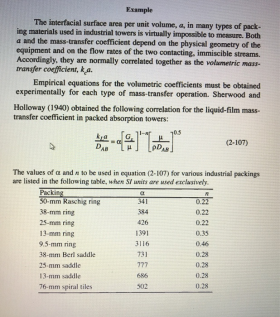 Example The interfacial surface area per unit volume, a, in many types of pack- ing materials used in industrial towers is vi