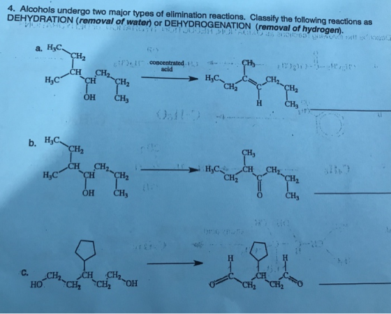 4. Alcohols undergo two major types of elimination reactions. Classify the following reactions as DEHYDRATION (removal of W U