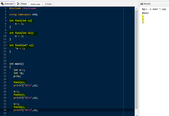 >Share Lh Result Execute main.cpp STDIN #include <iostream> -o main.cpp Sg++ 2 Smain 3 using namespace std; 1 4 2 5 int fun1(