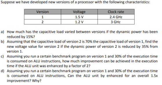 Suppose we have developed new versions of a processor with the following characteristics: Version Voltage 1.5 V 1.2V Clock ra