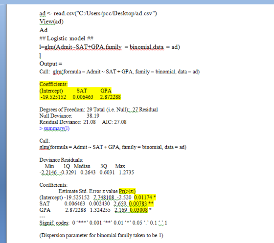 ad <-read.csv(C:/Users/pcc/Desktop/ad.csv) View(ad) Ad ##Logistic model ## l=glm(Admit~SAT+GPA.family = binomíal.data= ad)