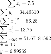 \sum x_i = 7.5 \\ \sum y_i = 34.46310 \\ (\sum x_i)^2 = 56.25 \\ \sum x_i^2 = 13.75 \\ \sum x_i y_i = 51.67181592 \\ \bar{x} = 1.5 \\ \bar{y} = 6.89262
