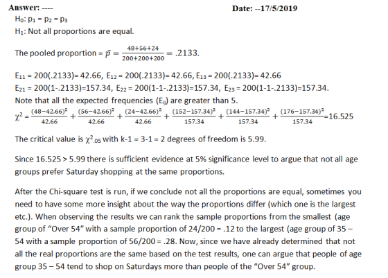 Answer: - Date: --17/5/2019 H1: Not all proportions are equal 48+56+24 The pooled proportion -p- - .2133 200+200+200 E11 200(