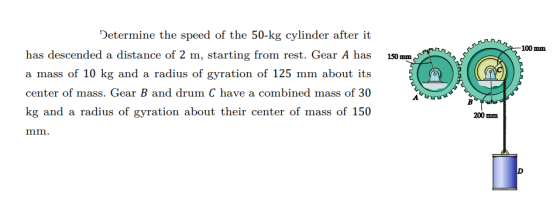 Determine the speed of the 50-kg cylinder after it has descended a distance of 2 m, starting from rest. Gear A has a mass of