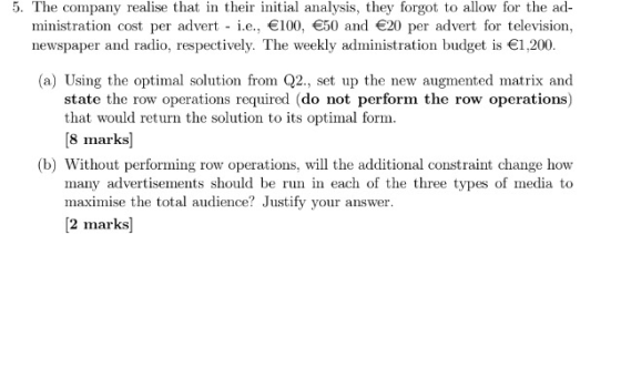 5. The company realise that in their initial analysis, they forgot to allow for the ad ministration cost per advert - i.e., 1
