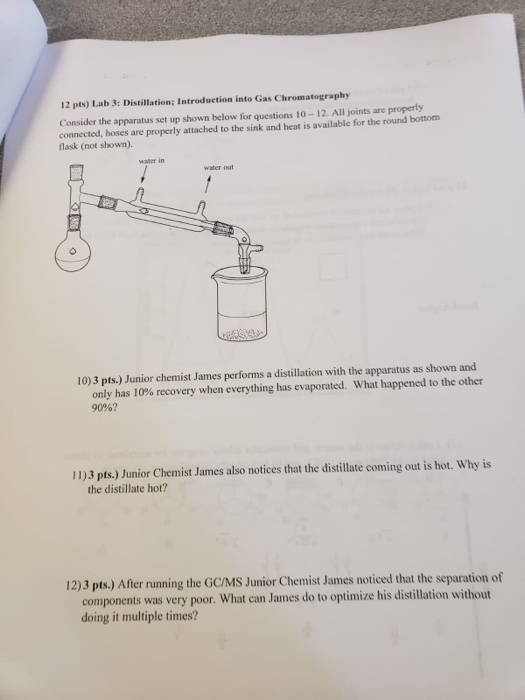 12 pts) Lab 3: Distillation; Introduction into Gas Chromatography Consider the apparatus set up shown below for questions 10-