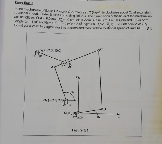 Question 1 In the mechanism of figure Q1 crank O2A rotates at 70 revim rotational speed. Slider B slides on sliding link AC.
