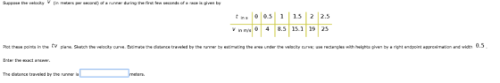 Suppose the velocity V in meters per second) of a runner during the first few seconds of e race is given by t ins 0.5 11.5 2