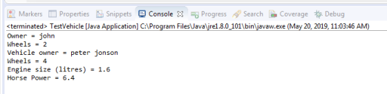 R Markers □ Properties E snippets Console X Progress Search-Coverage Debug sterminatedTestVehicle [Java Application] C:Progra
