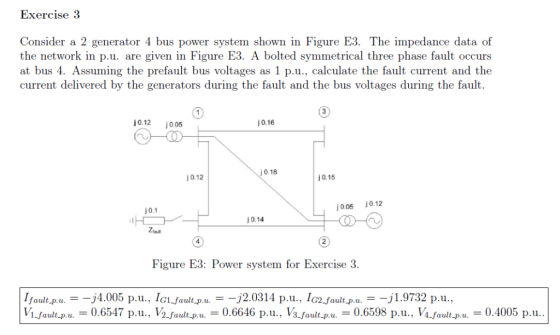 Exercise 3 Consider a 2 generator 4 bus power system shown in Figure E3. The impedance data of the network in p.u. are given