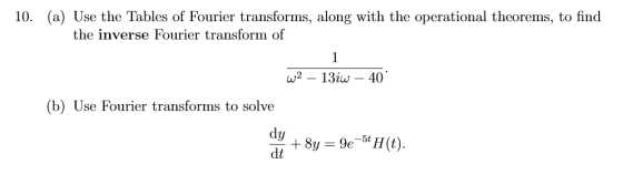 10. (a) Use the Tables of Fourier transforms, along with the operational theorems, to find the inverse Fourier transform of 4