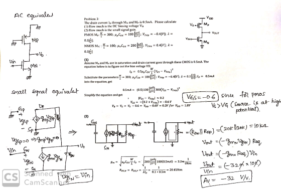 AC equivale Problem 3 The drain current l through MN and Mi is 0.5mA: Please calculate (1)How much is the DC biasing voltage