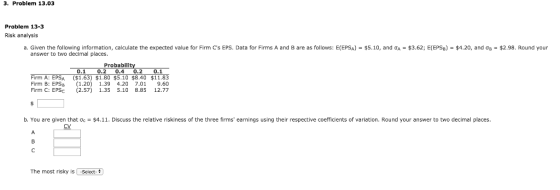 3. Problem 13.03 Problem 13-3 Risk analysis are as follows: E(EPSA) $5.10, and a = $3.62; E(EPSB) a. Glven dle calculate the