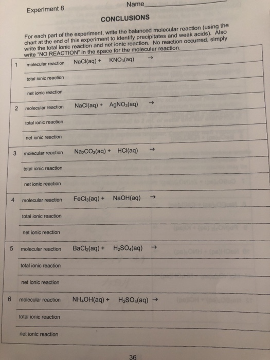 Name Experiment 8 CONCLUSIONS For each part of the experiment, write the balanced molecular reaction (using the chart at the