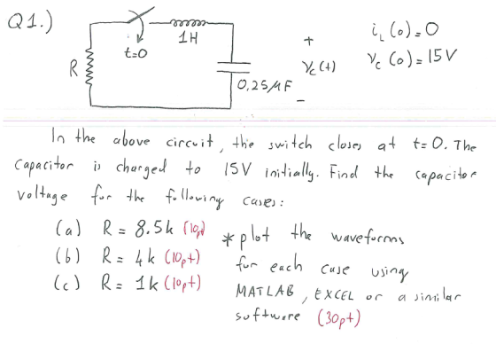 Q1. 1H In the above circvit t t0. The Capacitorcharge to 5V intally, Find copc itch cloir, a tO. The arbove circi Sapacito r