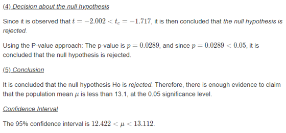 (4) Decision about the null hypothesis Since it is observed that tーー2.002 < tc-一1.717, it is then rejected Using the P-value