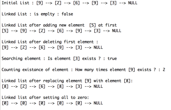 Initial List : [9]-2] --> [6] --> [9] --> [3] --> NULL Linked List : is emplty : false Linked List after adding new element [