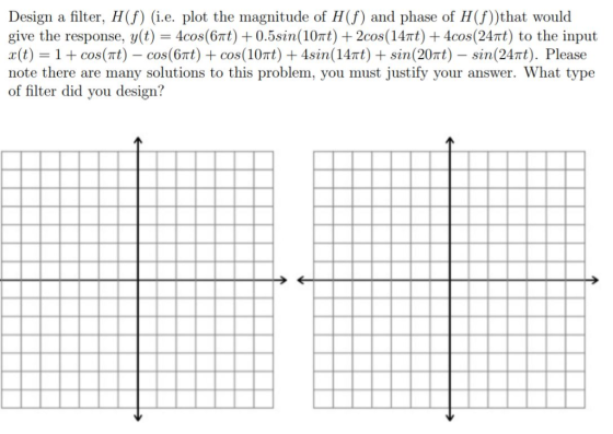 Design a filter, H(f) (i.e. plot the magnitude of H(f) and phase of H(f)that would give the response, y(t) = 4cos(int) + 0.5s