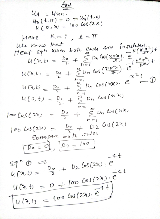 Ant Ut u%(t,o 100 Cos (2 K= 1 Here = TT ule know hat insulatet When bot ehols Do f ane Heat 2 Dn Ces(n e o Dn Cos Do + -n Dn