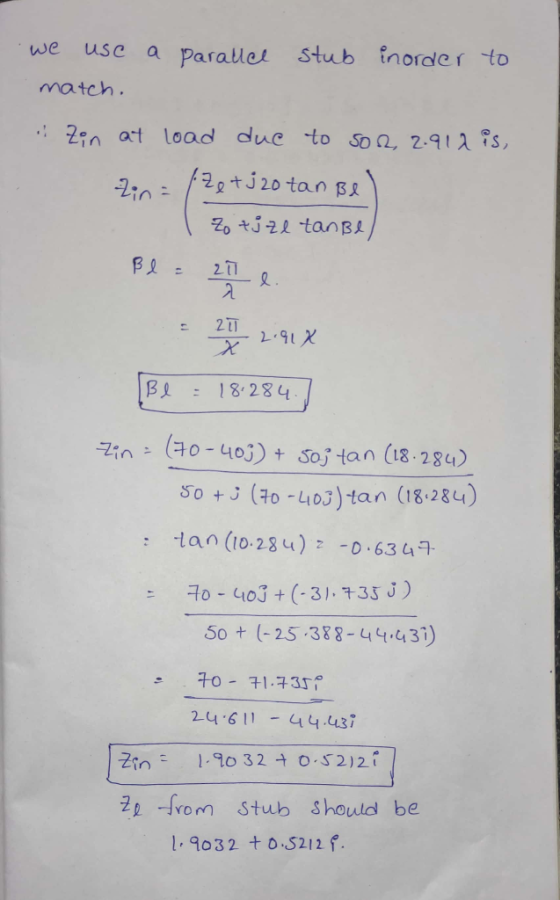 we use a Paraliet stub tnorse to match. .: 2?n at load due to SO 2, 2.9 λ,s z,そ821 tang! 2 TT 天-2.91 χ B18 284 (70-4G) + So