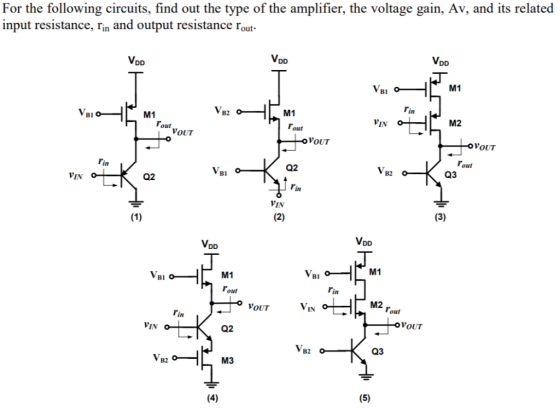 For the following circuits, find out the type of the amplifier, the voltage gain, Av, and its related input resistance, rin a
