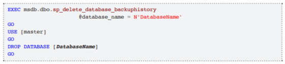 EXEC madb.dbo. ap. delete_database backuphistory database nameN DatabaseName : GO USE [master] : GO DROP DATABASE DatabaseNam