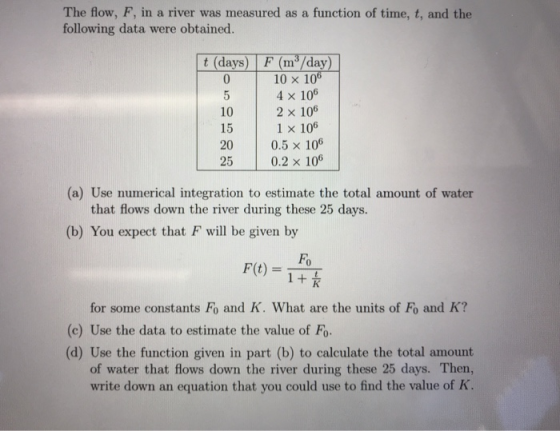 The flow, F, in a river was measured as a function of time, t, and the following data were obtained. F (m/day) t (days) 10 x