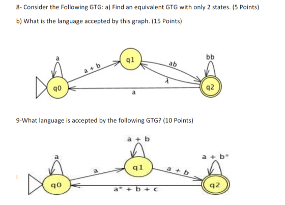 8- Consider the Following GTG: a) Find an equivalent GTG with only 2 states. (5 Points) b) What is the language accepted by t
