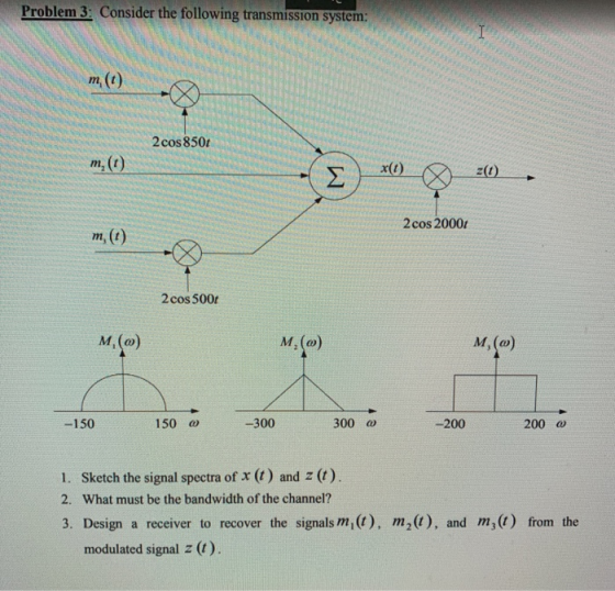 Problem 3: Consider the following transmission system: m, (t) 2 cos 850 m, (t) z(t) 2 cos 2000 m, (t) 2cos 500t M, (0) М,(о)